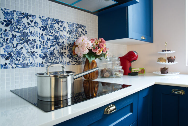 Detail of kitchen showing cooking area and counter